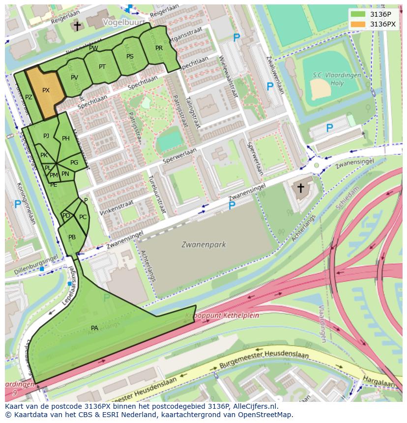 Afbeelding van het postcodegebied 3136 PX op de kaart.