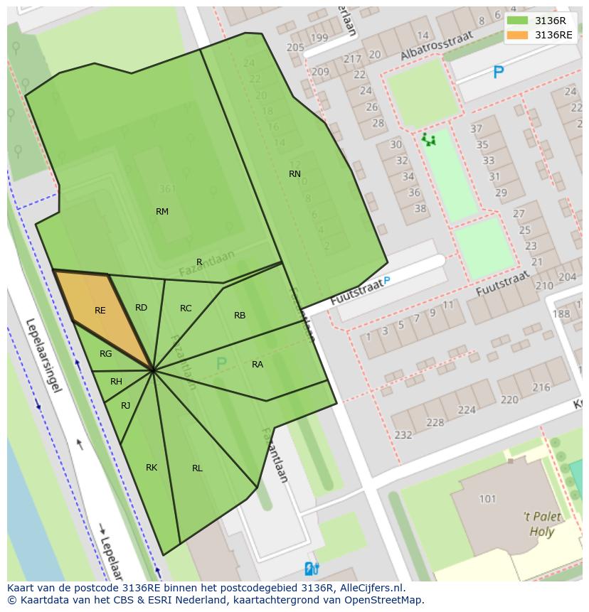 Afbeelding van het postcodegebied 3136 RE op de kaart.