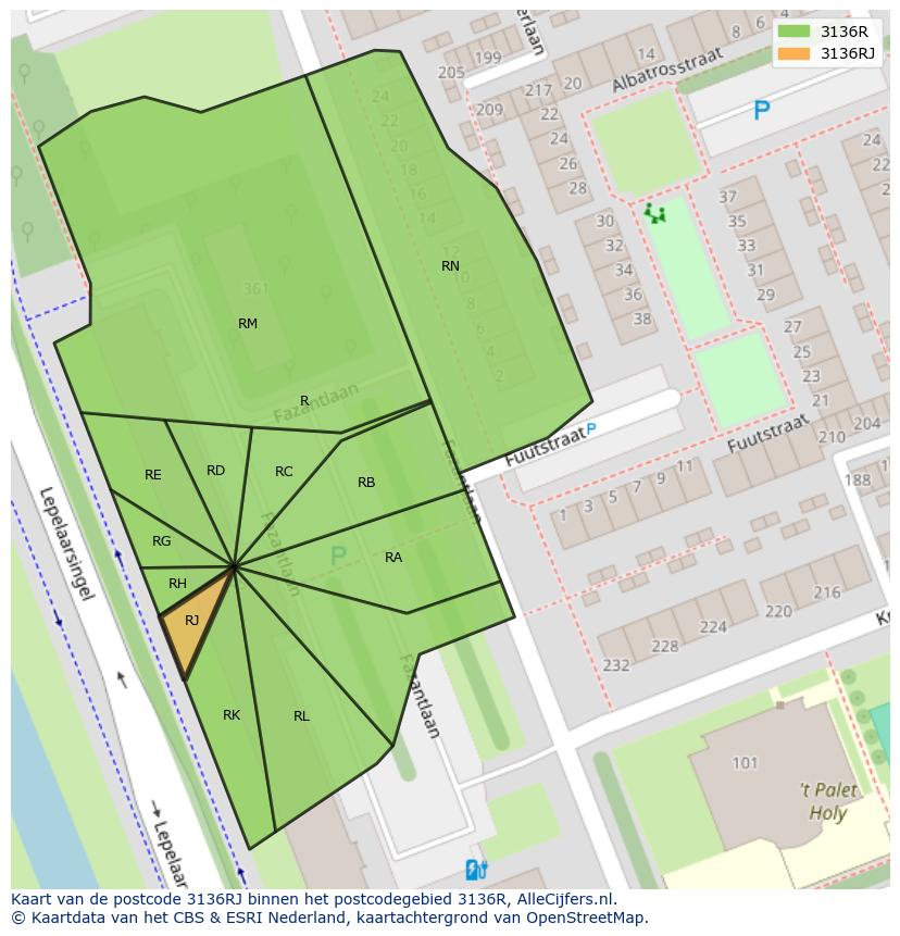 Afbeelding van het postcodegebied 3136 RJ op de kaart.