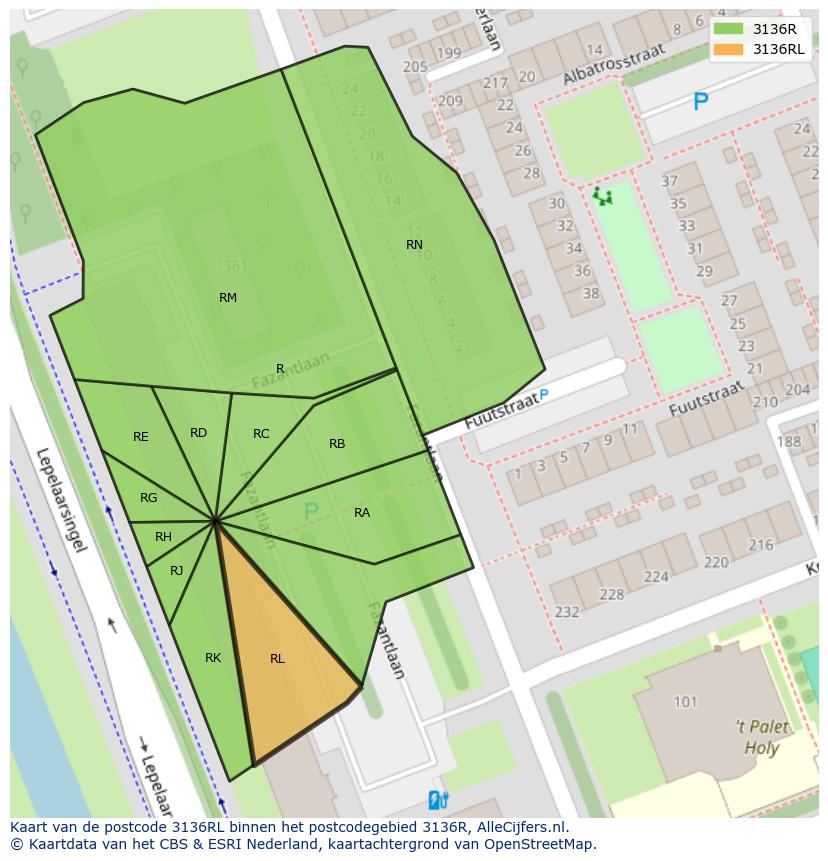 Afbeelding van het postcodegebied 3136 RL op de kaart.