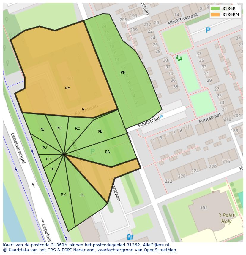 Afbeelding van het postcodegebied 3136 RM op de kaart.