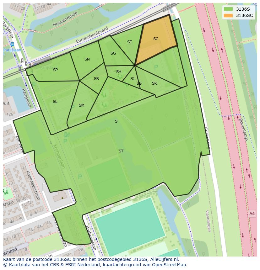 Afbeelding van het postcodegebied 3136 SC op de kaart.