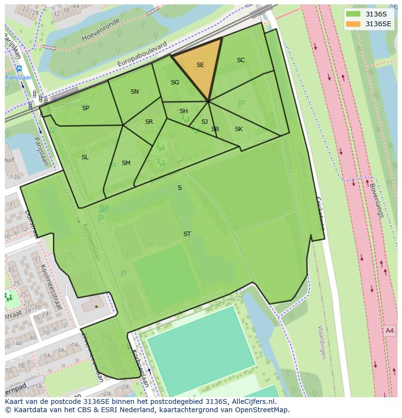 Afbeelding van het postcodegebied 3136 SE op de kaart.