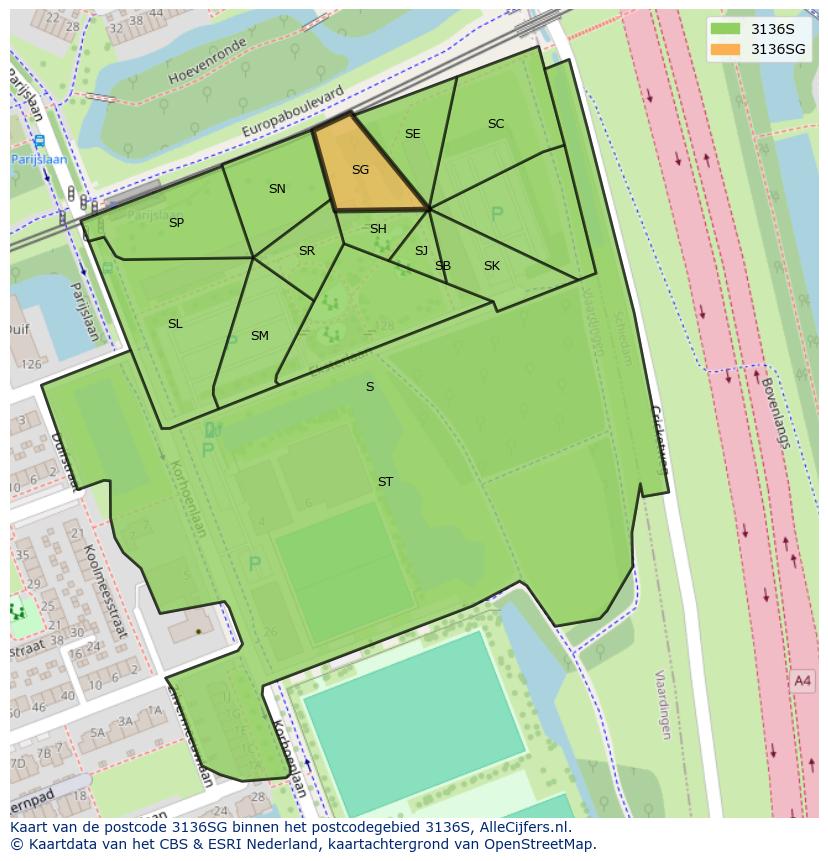 Afbeelding van het postcodegebied 3136 SG op de kaart.