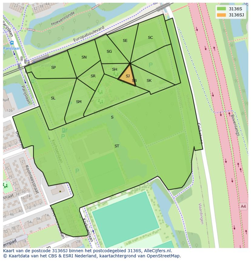 Afbeelding van het postcodegebied 3136 SJ op de kaart.