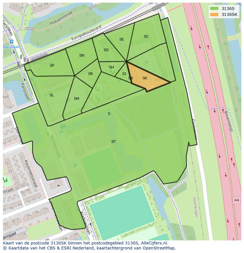 Afbeelding van het postcodegebied 3136 SK op de kaart.