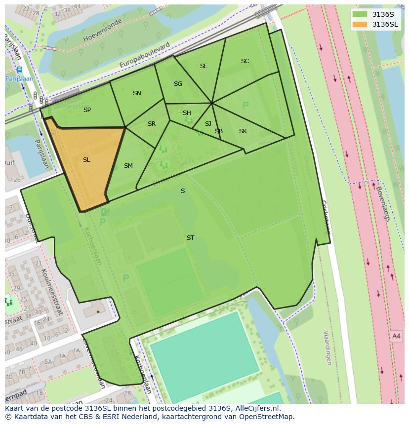 Afbeelding van het postcodegebied 3136 SL op de kaart.