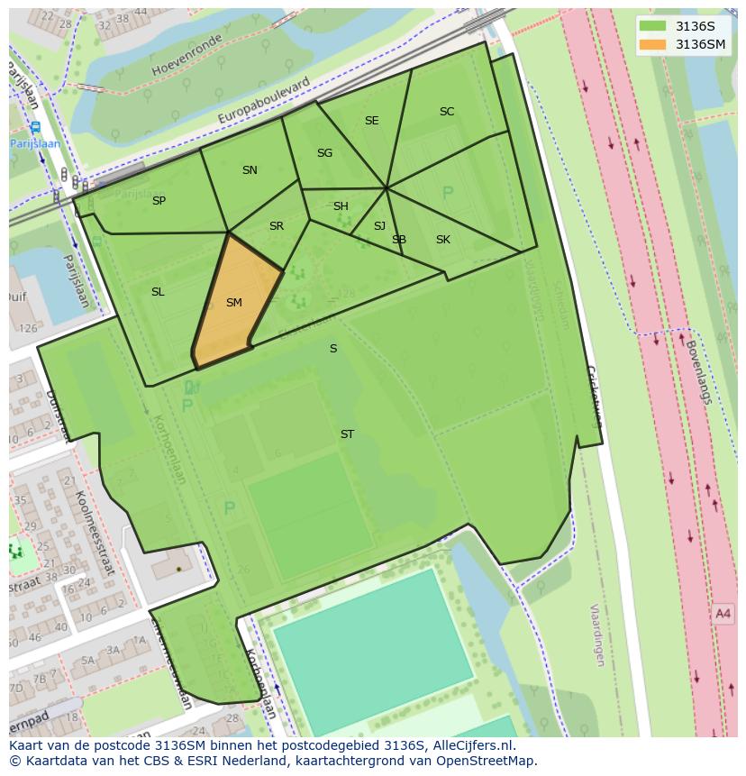 Afbeelding van het postcodegebied 3136 SM op de kaart.