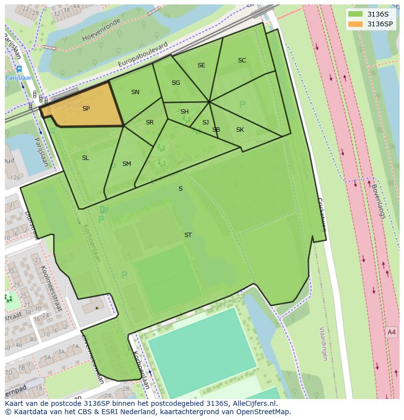 Afbeelding van het postcodegebied 3136 SP op de kaart.