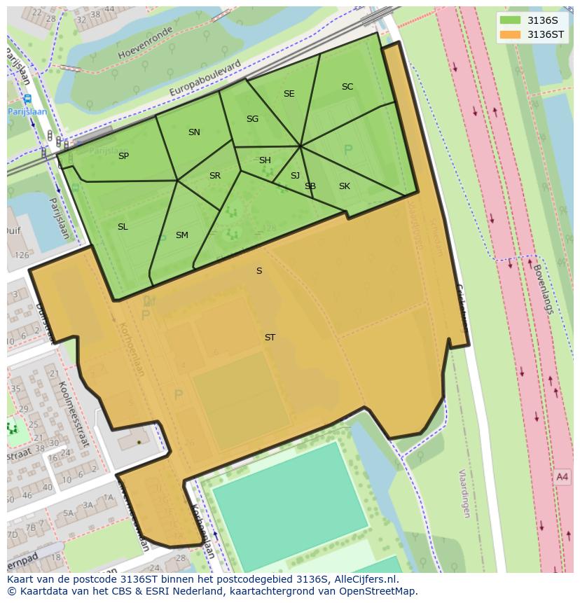 Afbeelding van het postcodegebied 3136 ST op de kaart.