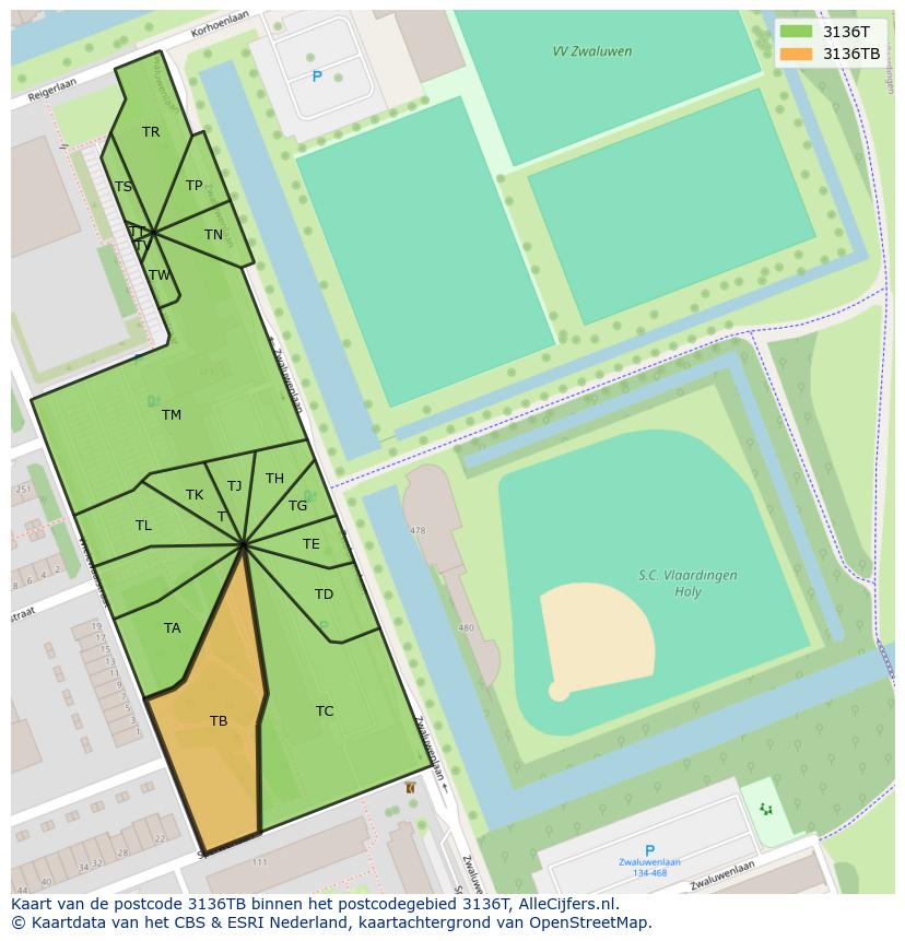 Afbeelding van het postcodegebied 3136 TB op de kaart.