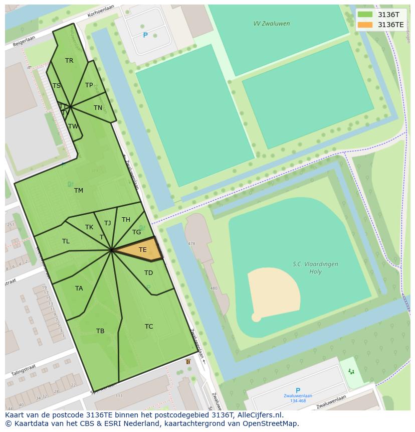 Afbeelding van het postcodegebied 3136 TE op de kaart.