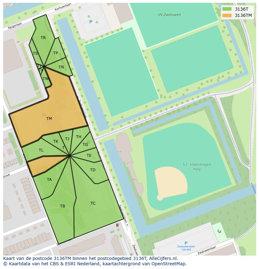 Afbeelding van het postcodegebied 3136 TM op de kaart.