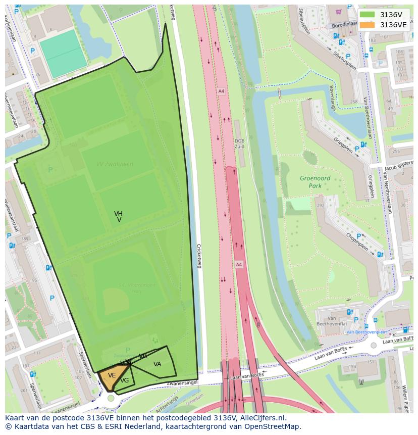 Afbeelding van het postcodegebied 3136 VE op de kaart.
