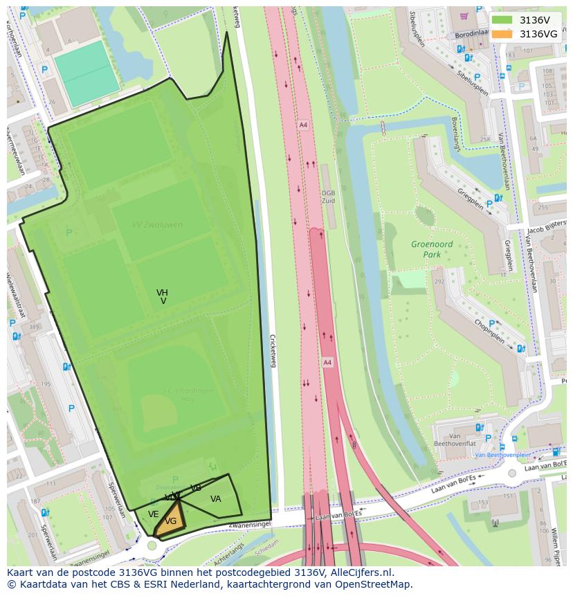 Afbeelding van het postcodegebied 3136 VG op de kaart.