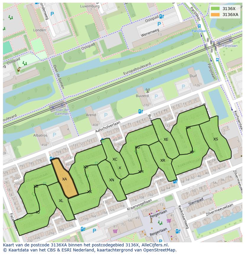 Afbeelding van het postcodegebied 3136 XA op de kaart.