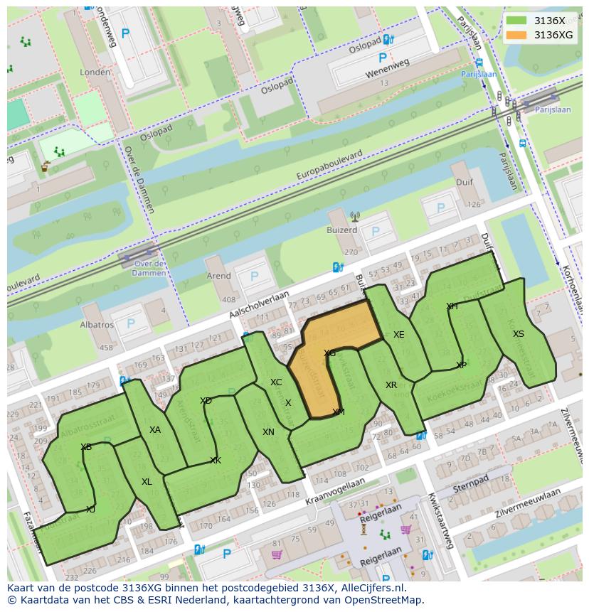 Afbeelding van het postcodegebied 3136 XG op de kaart.