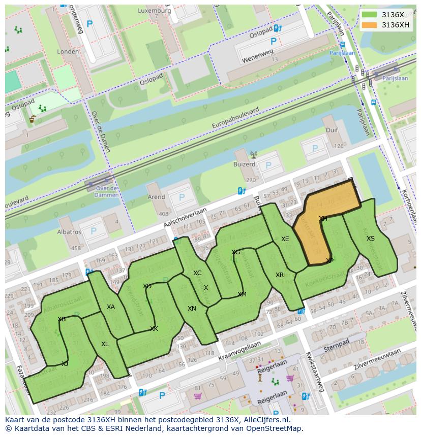 Afbeelding van het postcodegebied 3136 XH op de kaart.