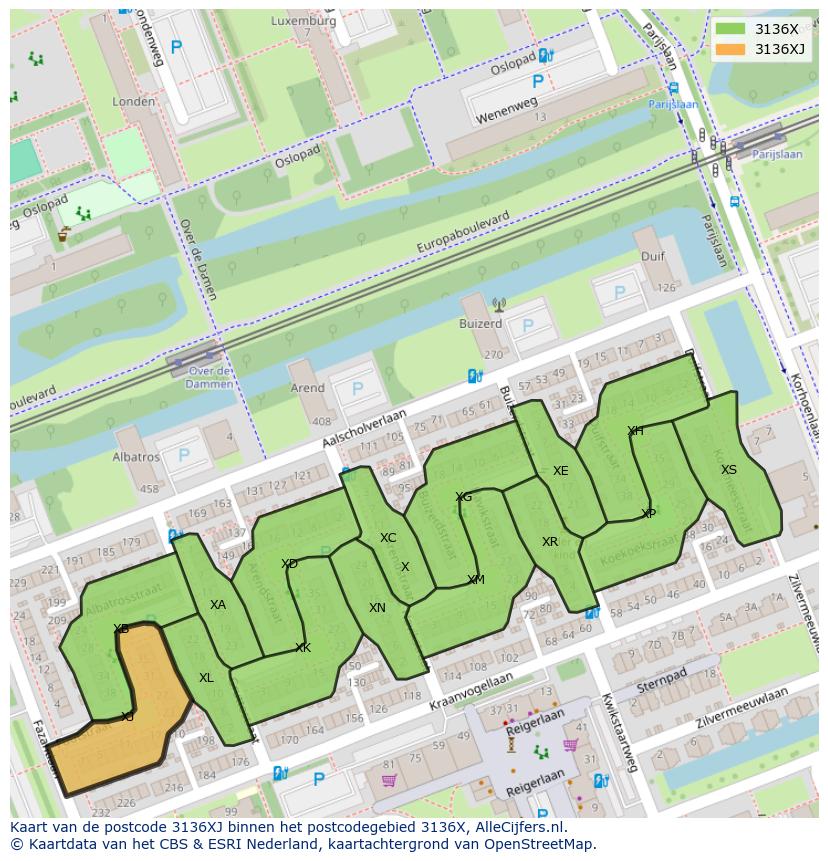 Afbeelding van het postcodegebied 3136 XJ op de kaart.