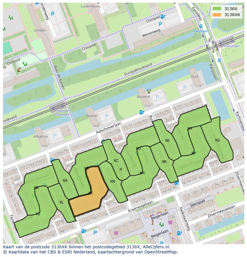 Afbeelding van het postcodegebied 3136 XK op de kaart.