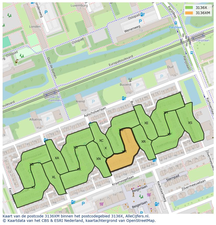 Afbeelding van het postcodegebied 3136 XM op de kaart.