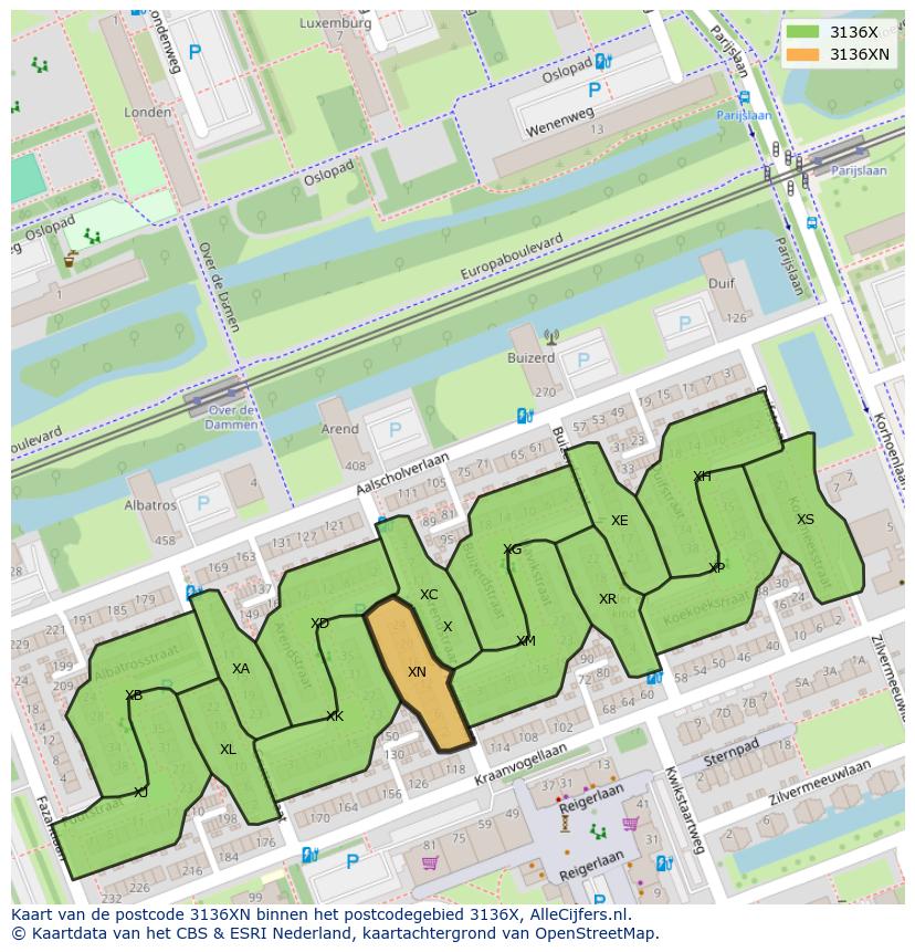 Afbeelding van het postcodegebied 3136 XN op de kaart.