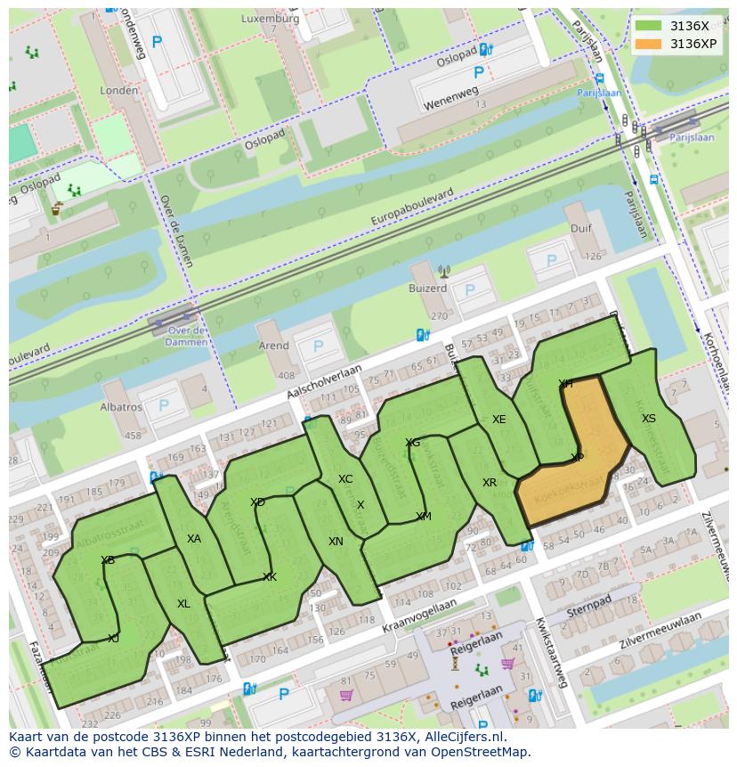 Afbeelding van het postcodegebied 3136 XP op de kaart.
