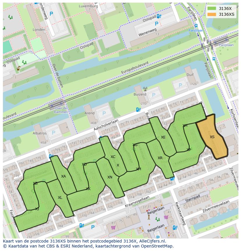 Afbeelding van het postcodegebied 3136 XS op de kaart.