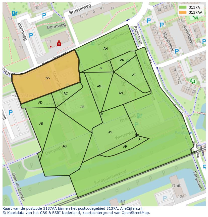 Afbeelding van het postcodegebied 3137 AA op de kaart.