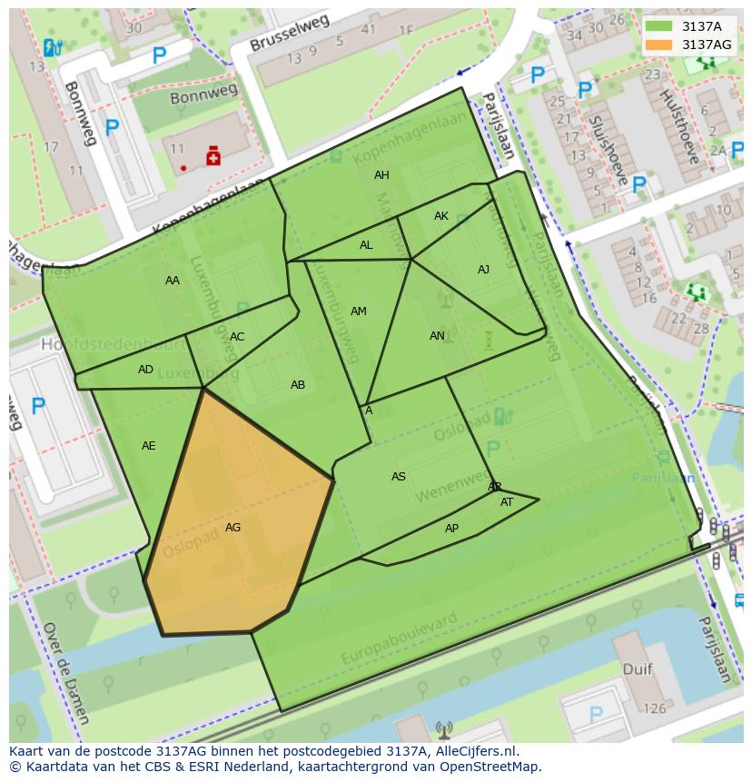 Afbeelding van het postcodegebied 3137 AG op de kaart.