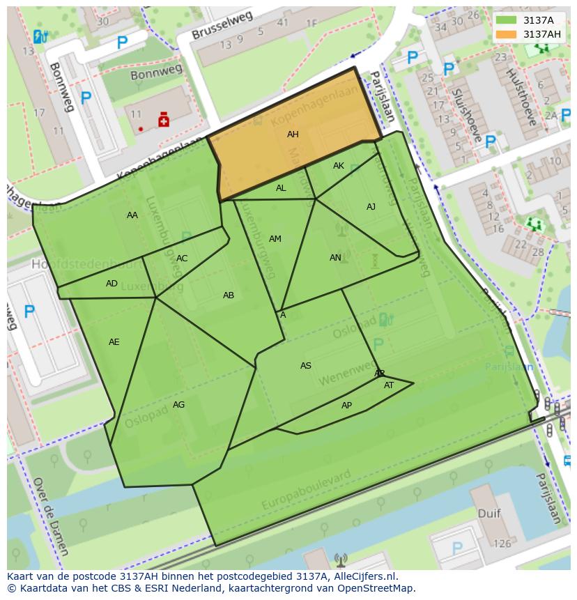 Afbeelding van het postcodegebied 3137 AH op de kaart.