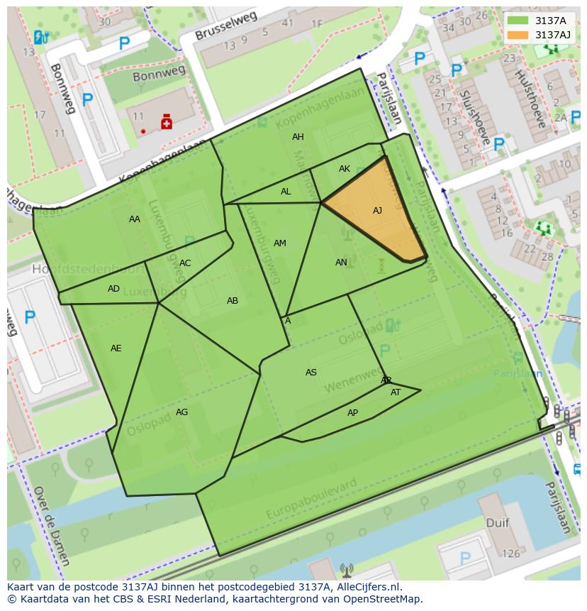 Afbeelding van het postcodegebied 3137 AJ op de kaart.