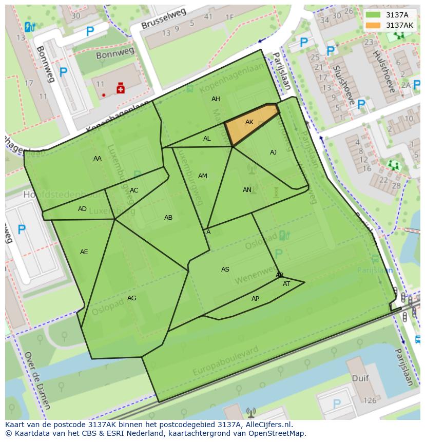 Afbeelding van het postcodegebied 3137 AK op de kaart.