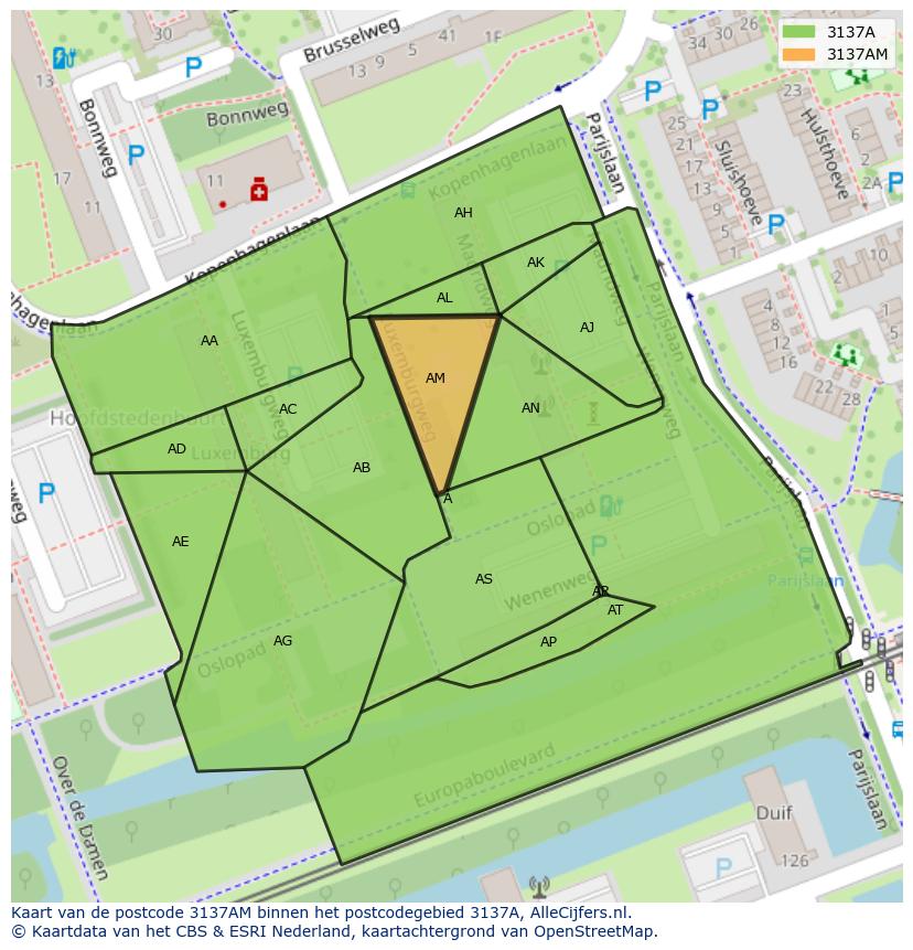Afbeelding van het postcodegebied 3137 AM op de kaart.