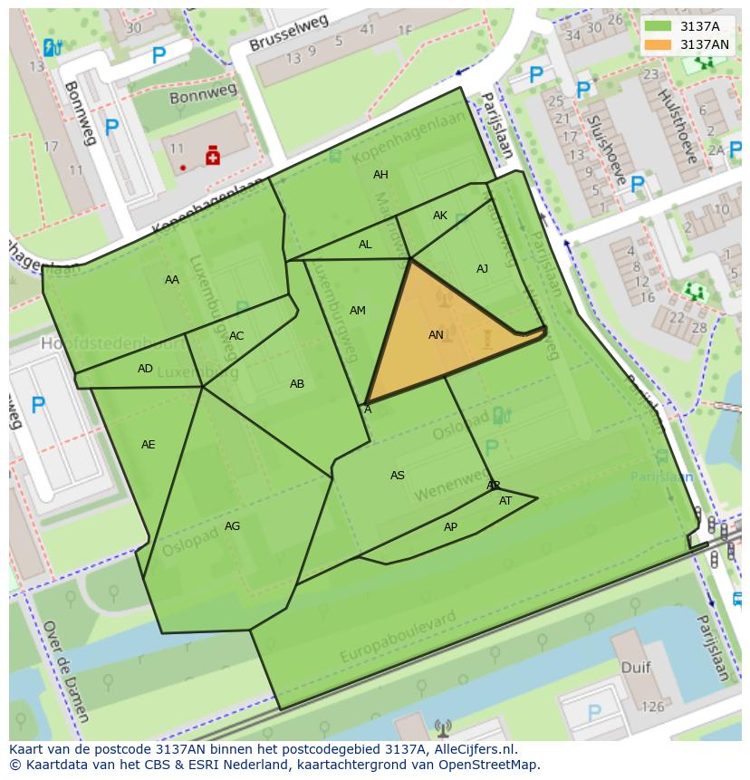 Afbeelding van het postcodegebied 3137 AN op de kaart.