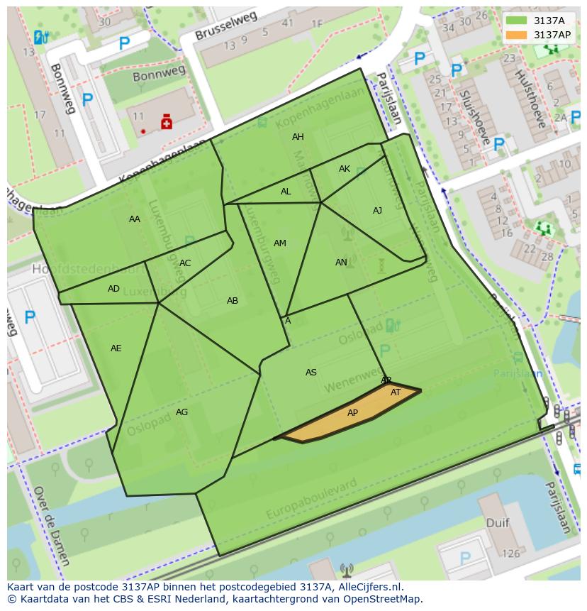 Afbeelding van het postcodegebied 3137 AP op de kaart.