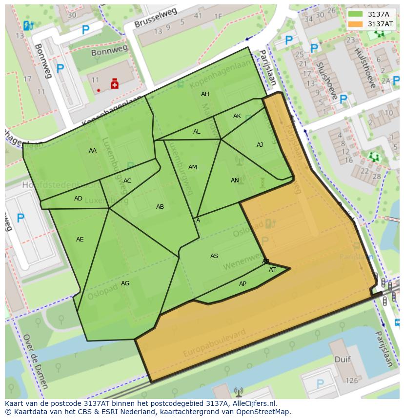 Afbeelding van het postcodegebied 3137 AT op de kaart.
