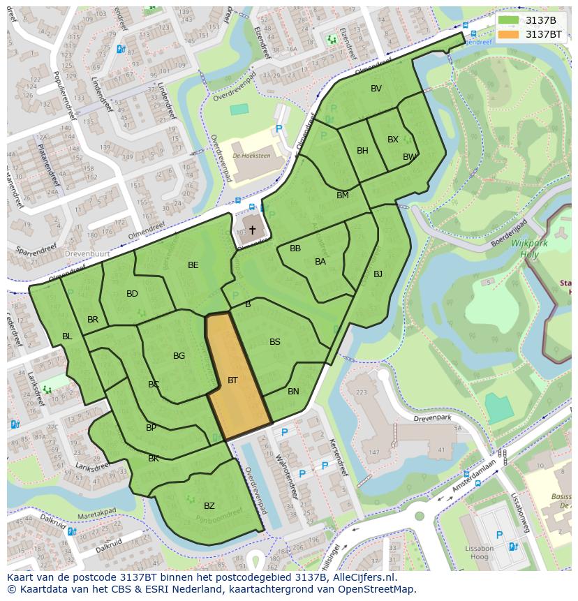 Afbeelding van het postcodegebied 3137 BT op de kaart.