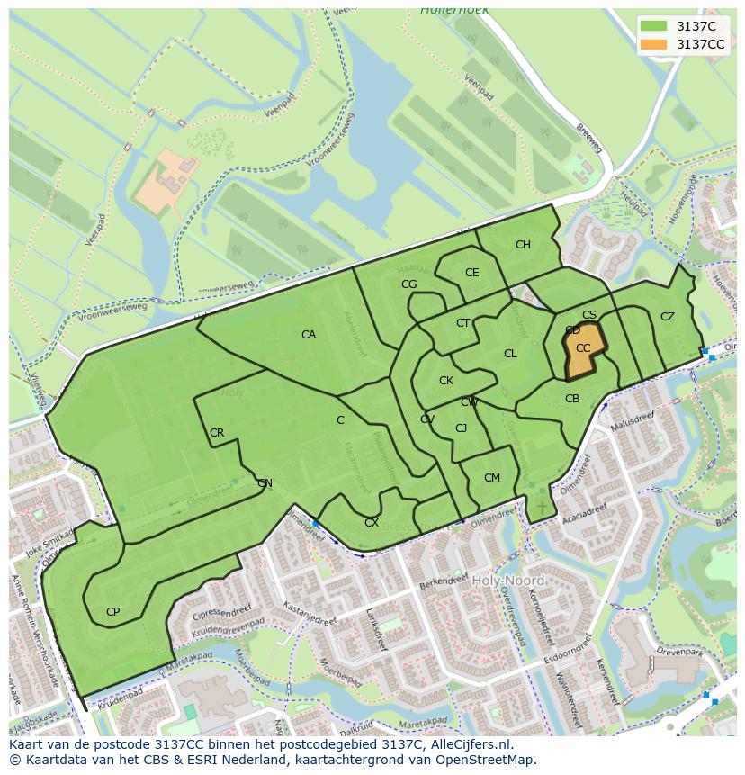 Afbeelding van het postcodegebied 3137 CC op de kaart.