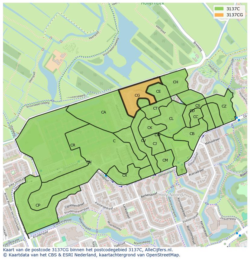 Afbeelding van het postcodegebied 3137 CG op de kaart.