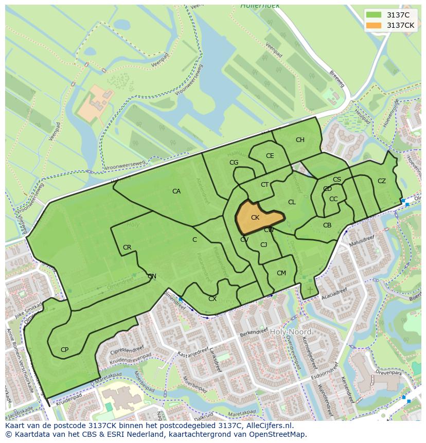 Afbeelding van het postcodegebied 3137 CK op de kaart.