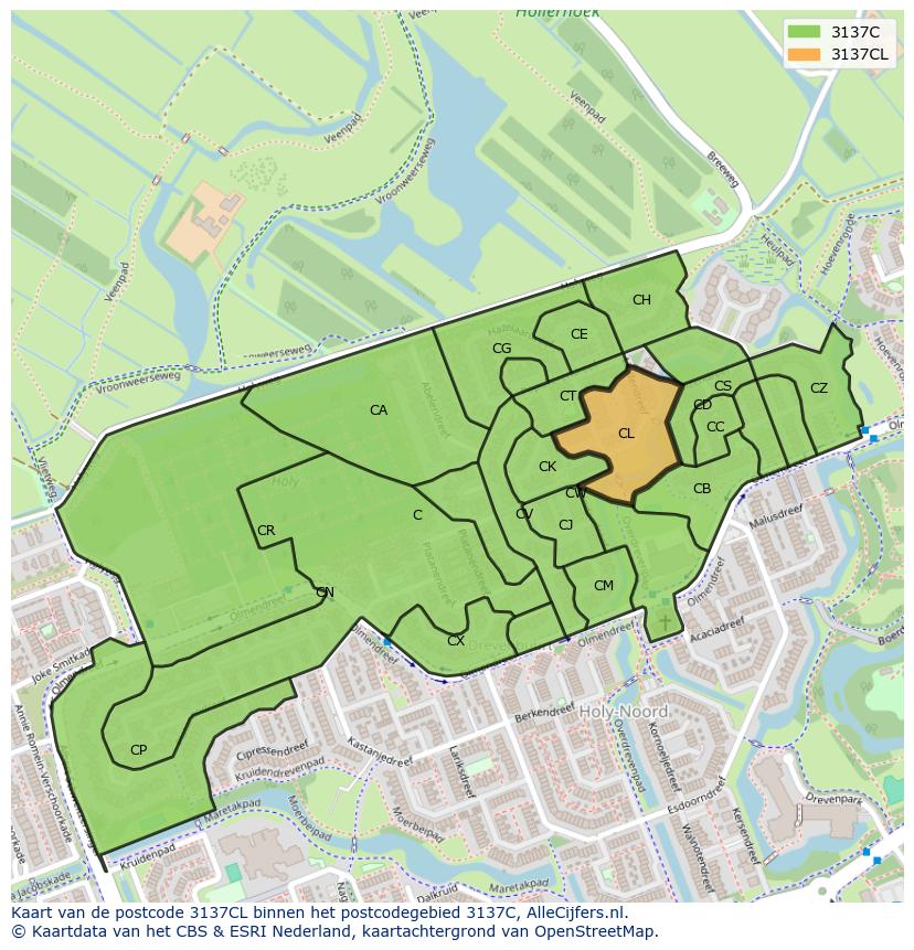 Afbeelding van het postcodegebied 3137 CL op de kaart.