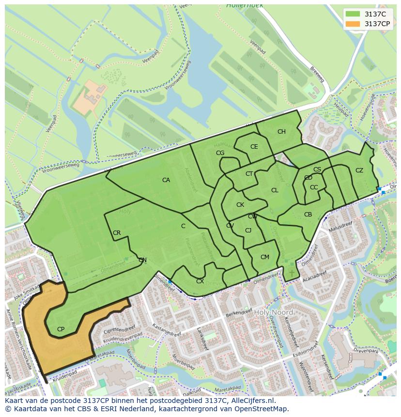 Afbeelding van het postcodegebied 3137 CP op de kaart.