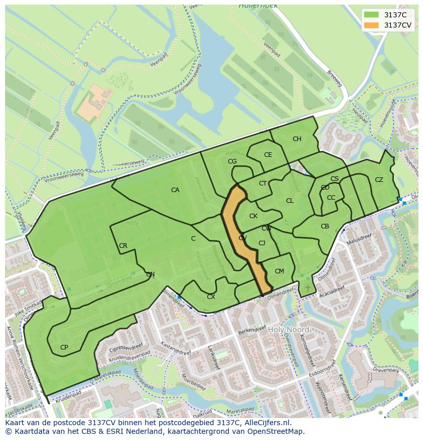 Afbeelding van het postcodegebied 3137 CV op de kaart.