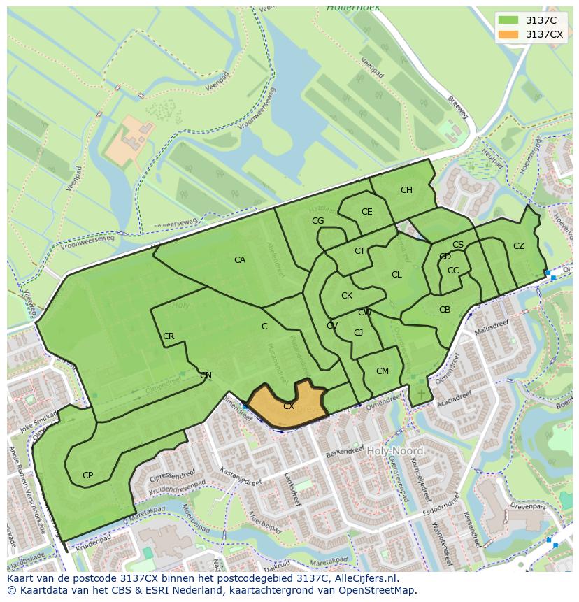 Afbeelding van het postcodegebied 3137 CX op de kaart.