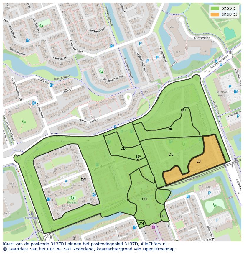 Afbeelding van het postcodegebied 3137 DJ op de kaart.