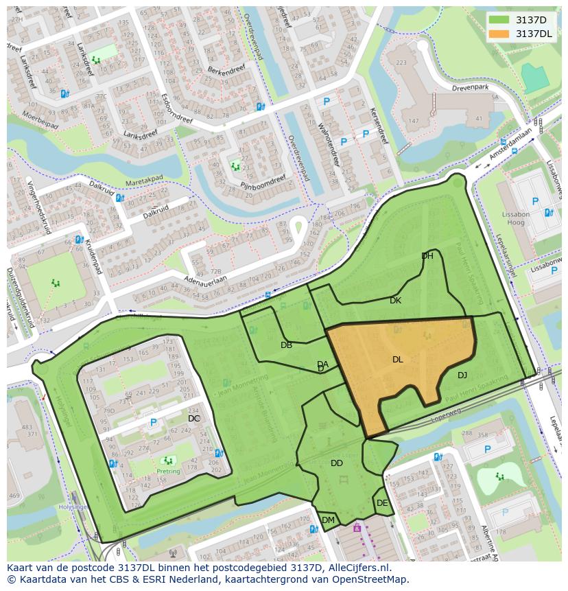 Afbeelding van het postcodegebied 3137 DL op de kaart.