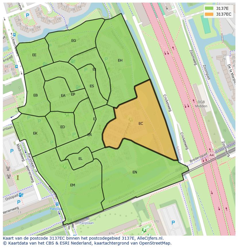 Afbeelding van het postcodegebied 3137 EC op de kaart.