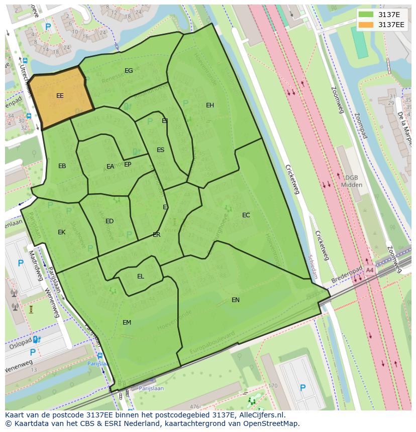 Afbeelding van het postcodegebied 3137 EE op de kaart.