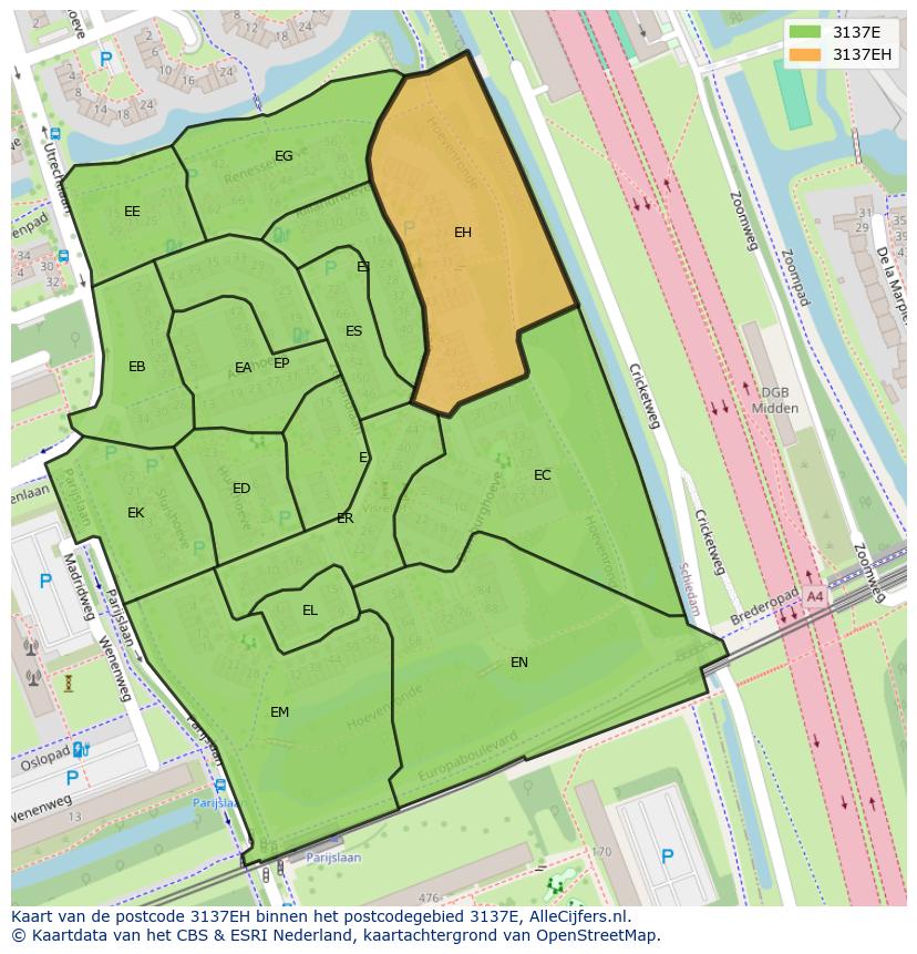 Afbeelding van het postcodegebied 3137 EH op de kaart.